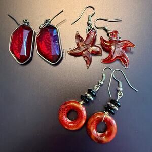 Trio of Red Glass Hoop Starfish Beaded /artisan Earrings